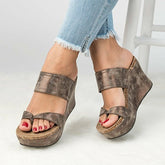 Slip On Leather Wedge Sandals Open Toe Style Broad Foot Strap