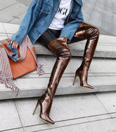 Snake Print patent high thin heels pointed toe party overknee PU boots