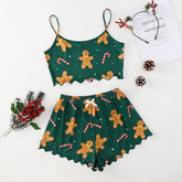 Soft Festival Christmas Cute Gingerbread Print Pajama Set Sleepwear 2 Pieces Crop Tops and Shorts Loungewear