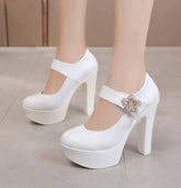 Soft Leather Platform Wedding Party Block High Heels Pumps