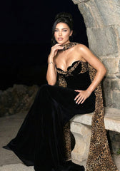 Strapless Animal Print Bustier Maxi Velvet Dress Black