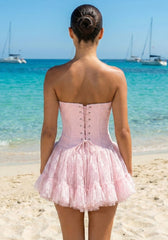 Strapless Lace A Line Corset Dress Pink