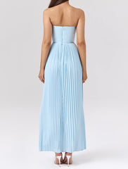 Strapless Bustier Pleated A Line Maxi Dress Blue