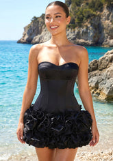Strapless Corset Floral Ruffle Dress Black