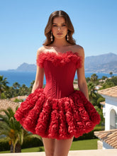 Strapless Petal Floral Corset A Line Dress Red