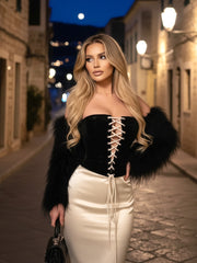 Strapless Corset Two Piece Midi Velvet Dress Black Ivory