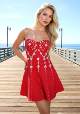 Strapless Crystal Bustier A Line Dress Red