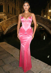 Strapless Crystal Bustier Draped Maxi Dress Pink