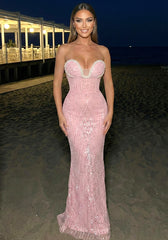 Strapless Crystal Bustier Sequin Maxi Dress Pink