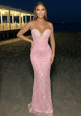 Strapless Crystal Bustier Sequin Maxi Dress Pink