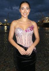 Strapless Crystal Corset Maxi Velvet Dress Hot Pink Black