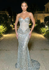 Strapless Crystal Corset Maxi Dress Silver