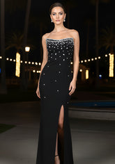 Strapless Crystal Neckline Maxi Dress Black