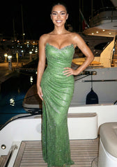 Strapless Crystal Draped Sparkly Maxi Dress Green