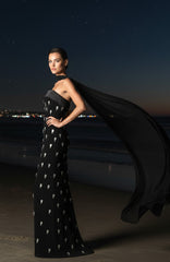 Strapless Crystal Detail Scarf Maxi Dress Black