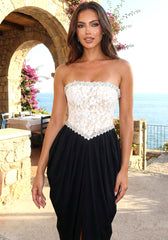Strapless Crystal Lace Corset Maxi Dress Black White