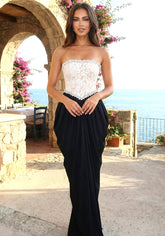 Strapless Crystal Lace Corset Maxi Dress Black White