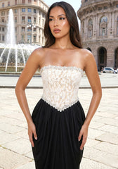 Strapless Crystal Lace Corset Maxi Dress Black White