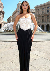 Strapless Crystal Lace Corset Maxi Dress Black White