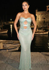 Strapless Crystal Bow Sparkly Maxi Dress Green