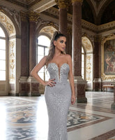 Strapless Floral Crystal Maxi Dress Silver