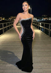 Crystal Strapless Maxi Velvet Dress Black