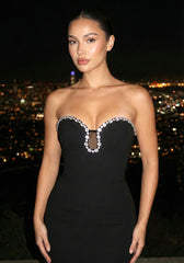 Strapless Crystal Neckline Midi Dress Black