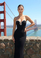 Strapless Crystal Neckline Midi Dress Black