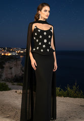 Strapless Crystal Peplum Maxi Dress Black