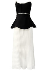 Strapless Crystal Peplum Pleated Midi Dress Black White