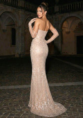 Strapless Crystal Sequin Corset Maxi Dress Nude