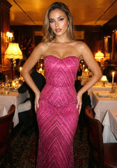 Strapless Crystal Sequin Maxi Dress Hot Pink