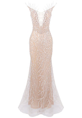 Strapless Crystal Pearl Sequin Maxi Dress Nude