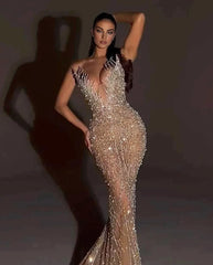 Strapless Crystal Pearl Sequin Maxi Dress Nude
