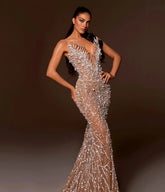 Strapless Crystal Pearl Sequin Maxi Dress Nude