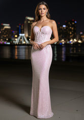 Strapless Bustier Crystal Sequin Maxi Dress Pink