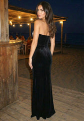 Strapless Crystal Spiral Maxi Velvet Dress Black