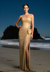 Strapless Draped Sparkly Maxi Dress Light Brown