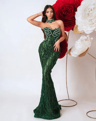 Strapless Embellished Choker Maxi Dress Green