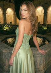 Strapless Embellished Lace Maxi Dress Green