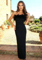 Strapless Feather Detail Maxi Dress Black