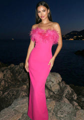 Strapless Feather Maxi Dress Hot Pink