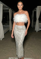 Strapless Feather Midi Two Piece Dress White