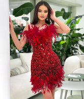 Strapless Feather Crystal Sequin Dress Red