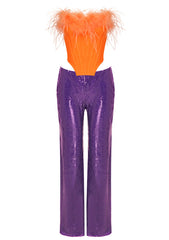 Strapless Feather Two Piece Jumpsuit Orange Purple