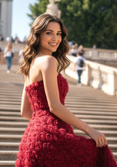 Strapless Floral A Line Midi Dress Red