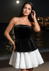 Strapless Corset Floral A Line Velvet Dress Black White
