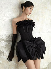 Strapless Floral Bow Corset Two Piece Dress Black