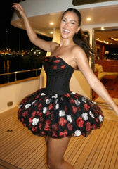 Strapless Floral Corset Bubble Dress Black