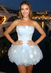 Strapless Floral Corset Bubble Dress Blue